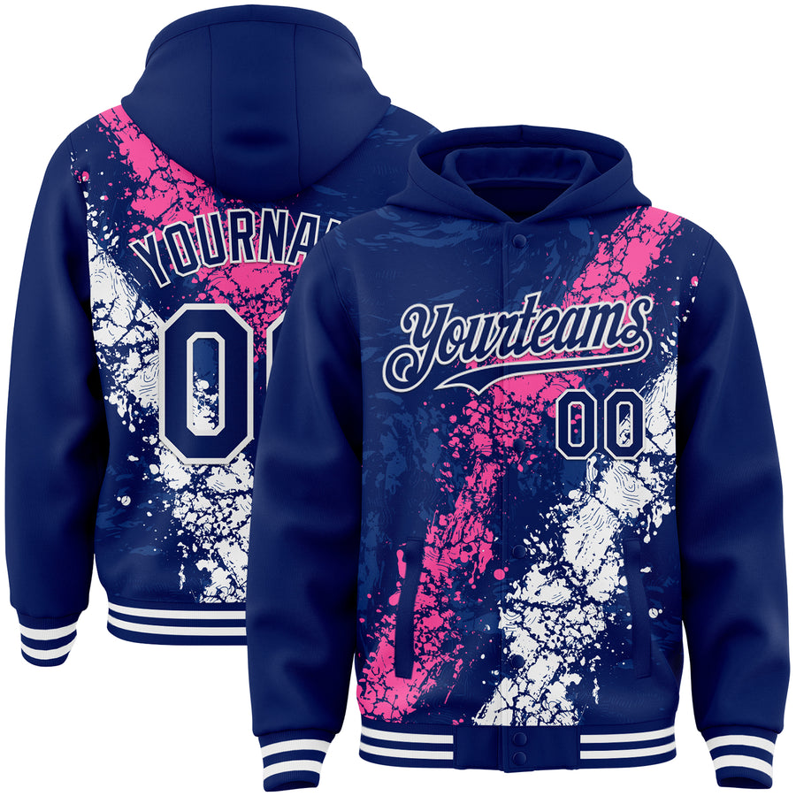 Custom Royal Pink-White Splash Art 3D Pattern Design Bomber Full-Snap Varsity Letterman Hoodie Jacket