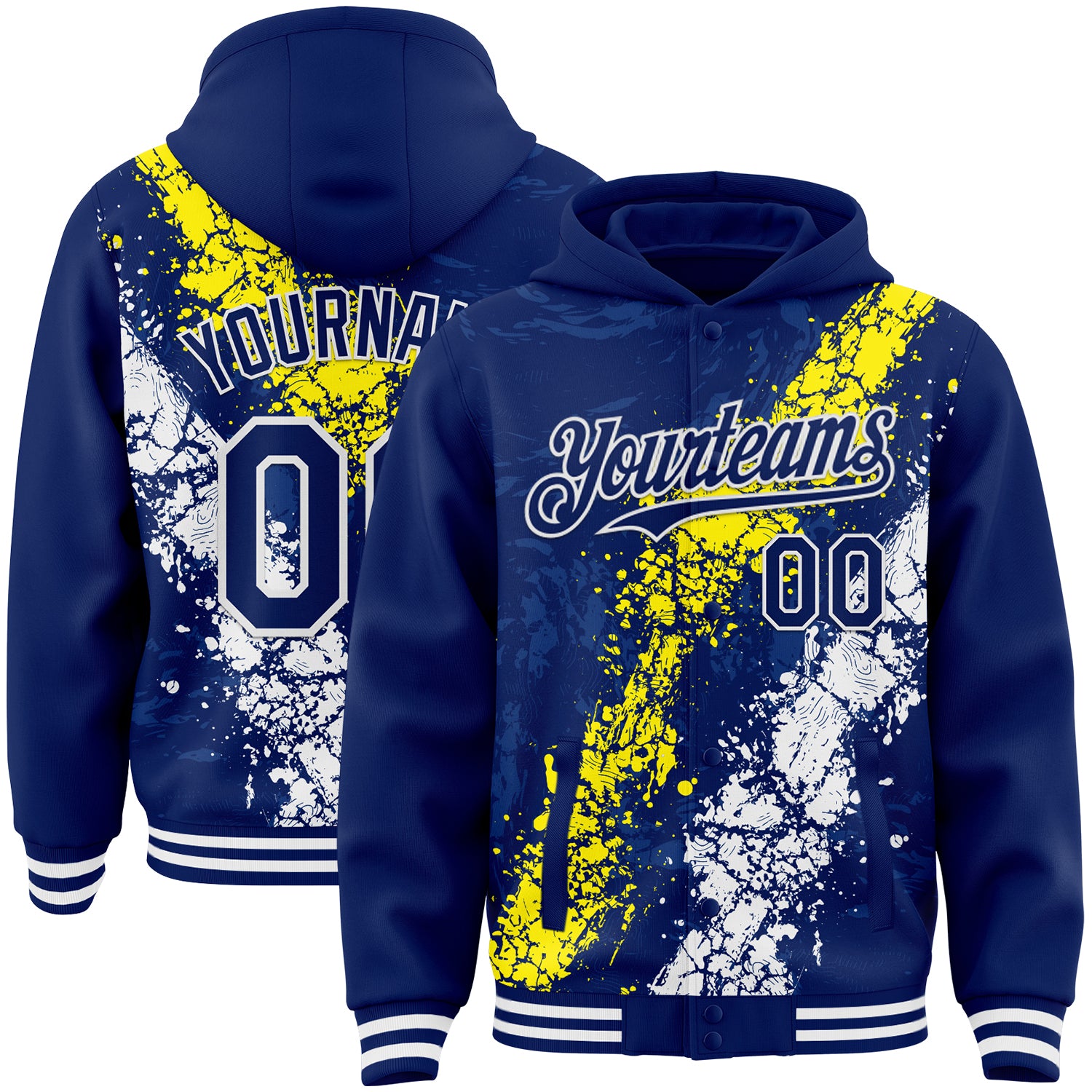 Custom Royal Light Yellow-White Splash Art 3D Pattern Design Bomber Full-Snap Varsity Letterman Hoodie Jacket