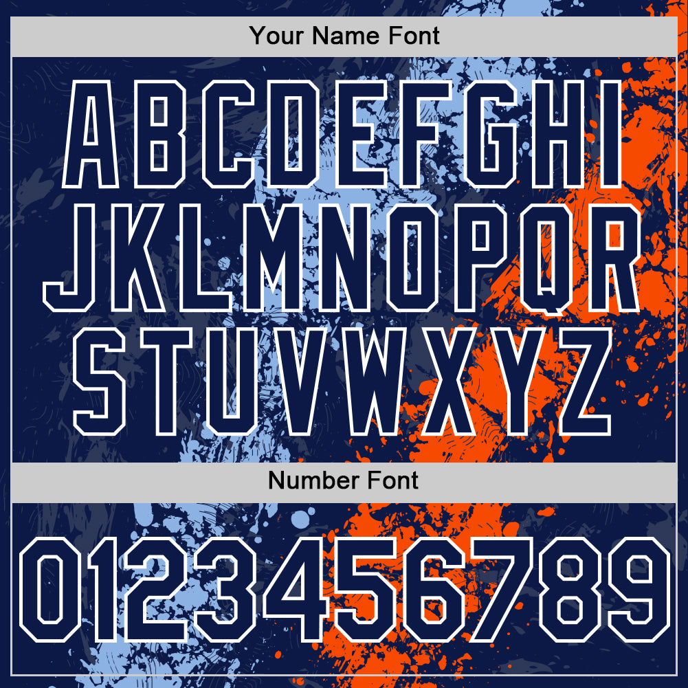 Custom Navy Light Blue Orange-White Splash Art 3D Pattern Design Bomber Full-Snap Varsity Letterman Hoodie Jacket