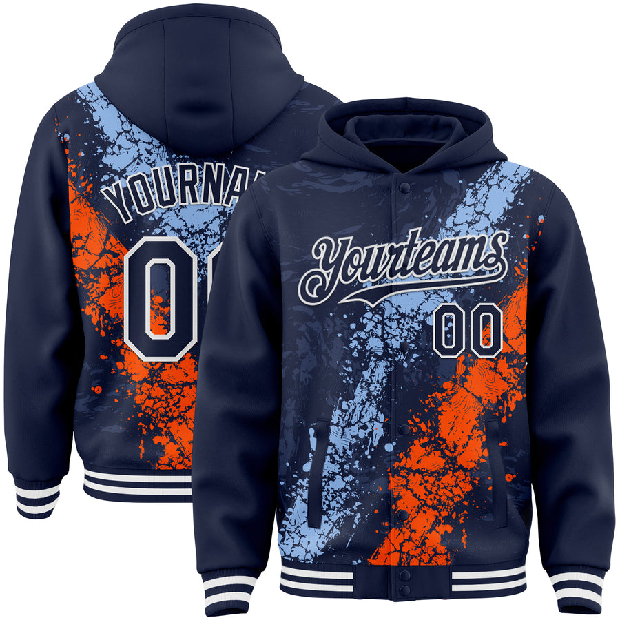 Custom Navy Light Blue Orange-White Splash Art 3D Pattern Design Bomber Full-Snap Varsity Letterman Hoodie Jacket