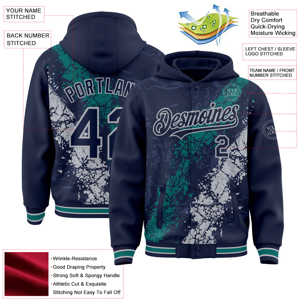 Custom Navy Teal-Gray Splash Art 3D Pattern Design Bomber Full-Snap Varsity Letterman Hoodie Jacket