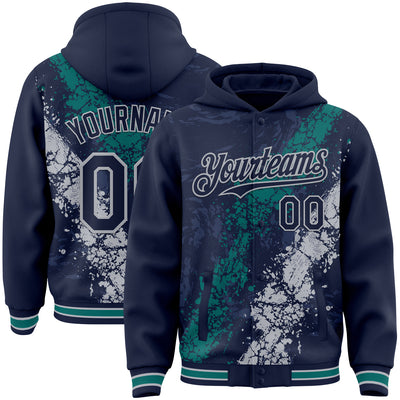 Custom Navy Teal-Gray Splash Art 3D Pattern Design Bomber Full-Snap Varsity Letterman Hoodie Jacket