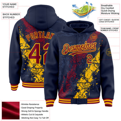 Custom Navy Crimson-Gold Splash Art 3D Pattern Design Bomber Full-Snap Varsity Letterman Hoodie Jacket