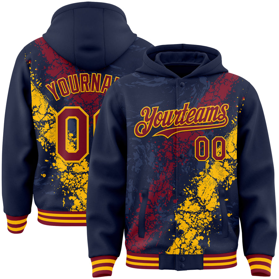 Custom Navy Crimson-Gold Splash Art 3D Pattern Design Bomber Full-Snap Varsity Letterman Hoodie Jacket