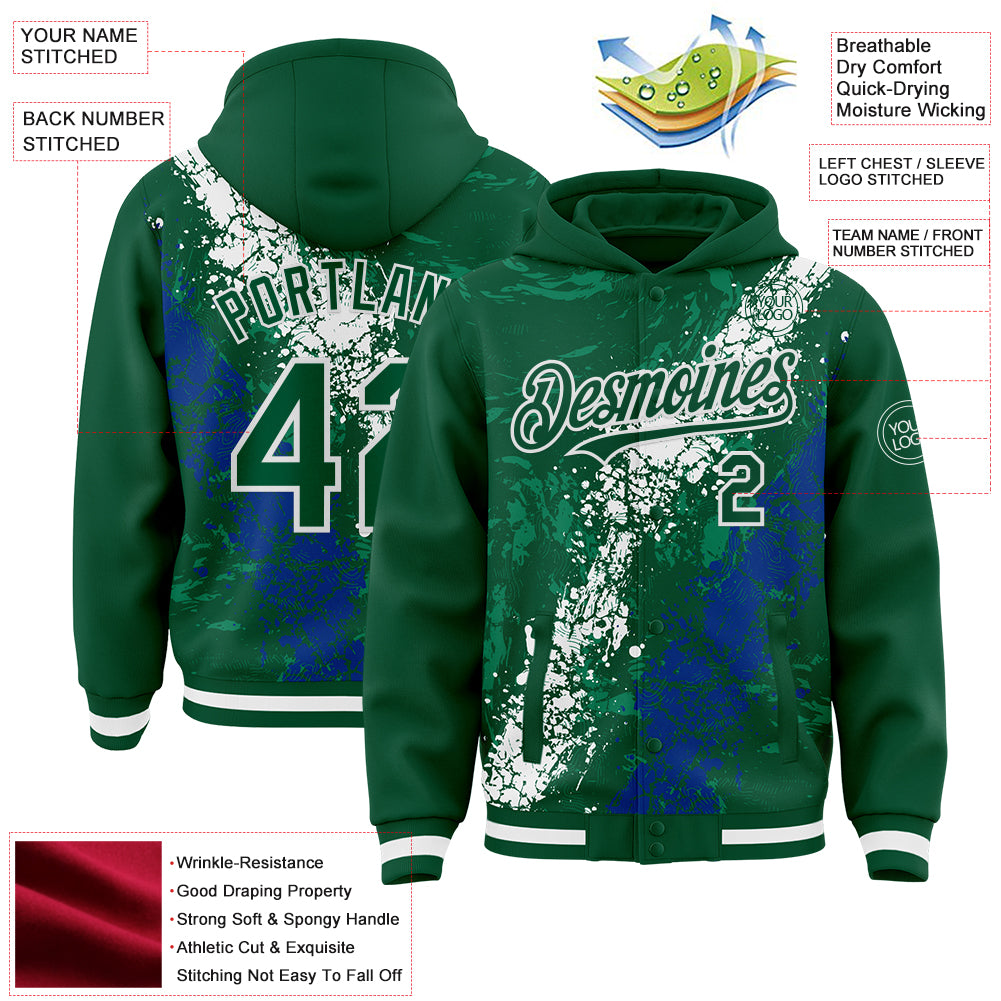 Custom Kelly Green White-Royal Splash Art 3D Pattern Design Bomber Full-Snap Varsity Letterman Hoodie Jacket