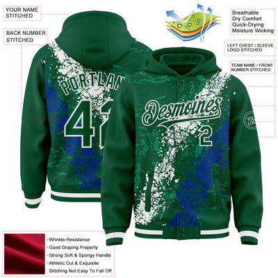 Custom Kelly Green White-Royal Splash Art 3D Pattern Design Bomber Full-Snap Varsity Letterman Hoodie Jacket