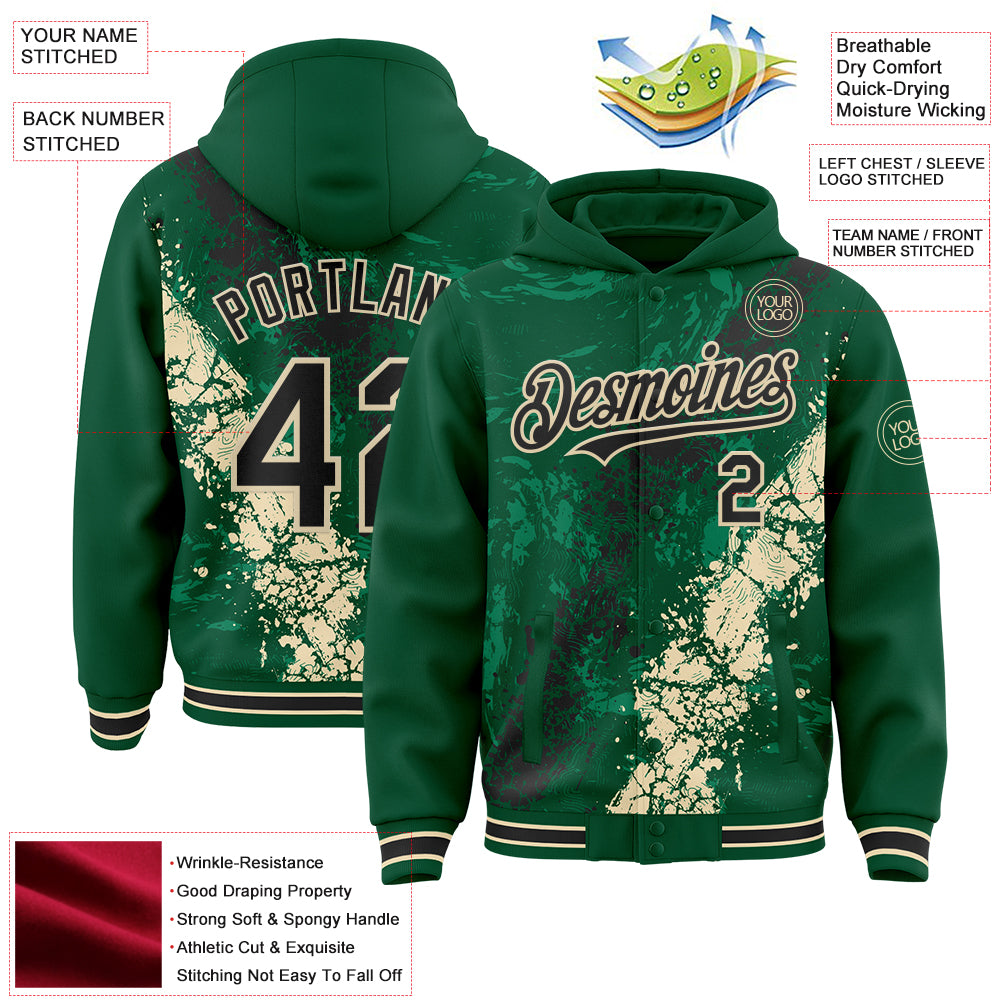 Custom Kelly Green Black-Cream Splash Art 3D Pattern Design Bomber Full-Snap Varsity Letterman Hoodie Jacket