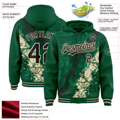 Custom Kelly Green Black-Cream Splash Art 3D Pattern Design Bomber Full-Snap Varsity Letterman Hoodie Jacket