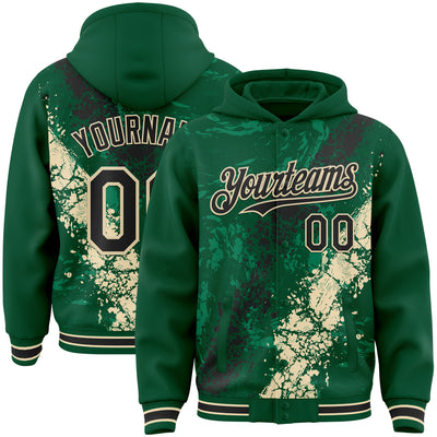 Custom Kelly Green Black-Cream Splash Art 3D Pattern Design Bomber Full-Snap Varsity Letterman Hoodie Jacket