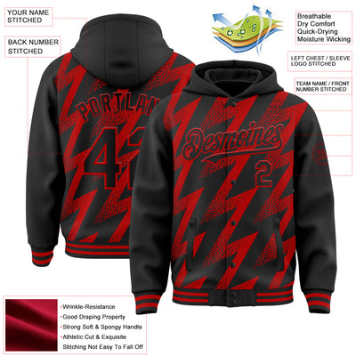 Custom Black Red Zigzag Shape 3D Pattern Design Bomber Full-Snap Varsity Letterman Hoodie Jacket