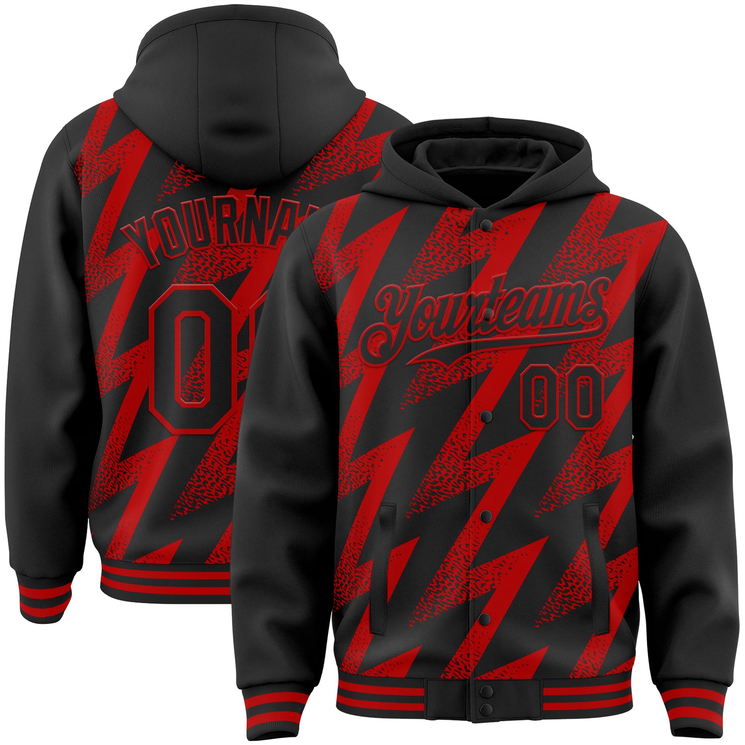 Custom Black Red Zigzag Shape 3D Pattern Design Bomber Full-Snap Varsity Letterman Hoodie Jacket