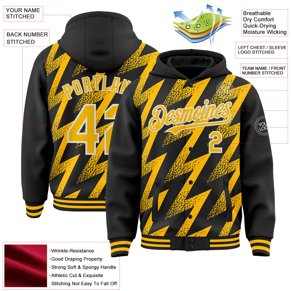 Custom Black Gold-White Zigzag Shape 3D Pattern Design Bomber Full-Snap Varsity Letterman Hoodie Jacket
