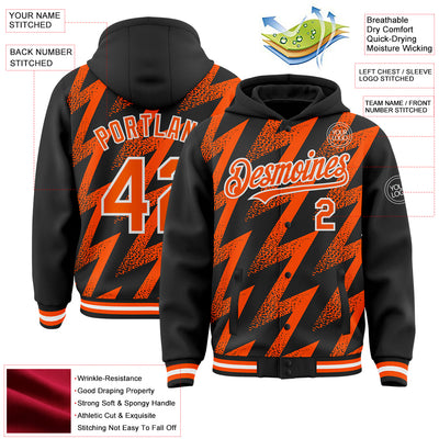 Custom Black Orange-White Zigzag Shape 3D Pattern Design Bomber Full-Snap Varsity Letterman Hoodie Jacket