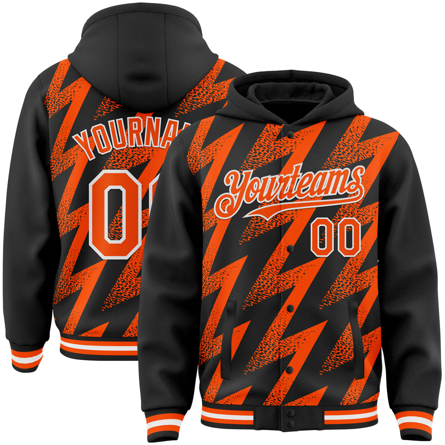 Custom Black Orange-White Zigzag Shape 3D Pattern Design Bomber Full-Snap Varsity Letterman Hoodie Jacket