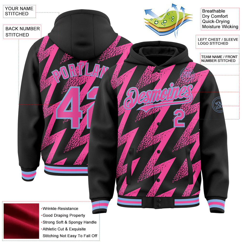 Custom Black Pink-White Zigzag Shape 3D Pattern Design Bomber Full-Snap Varsity Letterman Hoodie Jacket