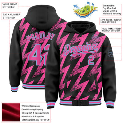 Custom Black Pink-White Zigzag Shape 3D Pattern Design Bomber Full-Snap Varsity Letterman Hoodie Jacket