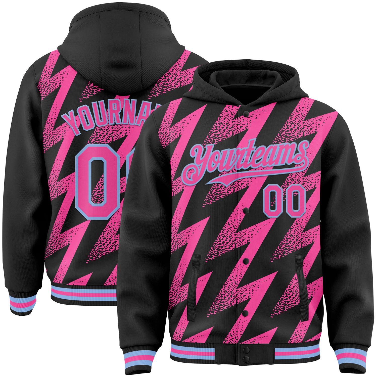Custom Black Pink-White Zigzag Shape 3D Pattern Design Bomber Full-Snap Varsity Letterman Hoodie Jacket