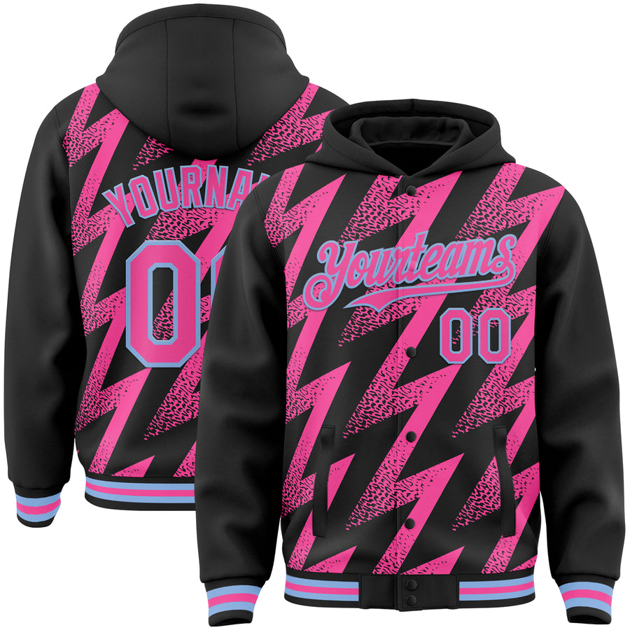 Custom Black Pink-White Zigzag Shape 3D Pattern Design Bomber Full-Snap Varsity Letterman Hoodie Jacket
