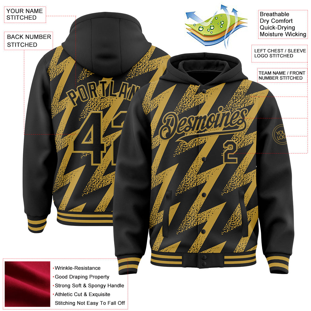 Custom Black Old Gold Zigzag Shape 3D Pattern Design Bomber Full-Snap Varsity Letterman Hoodie Jacket