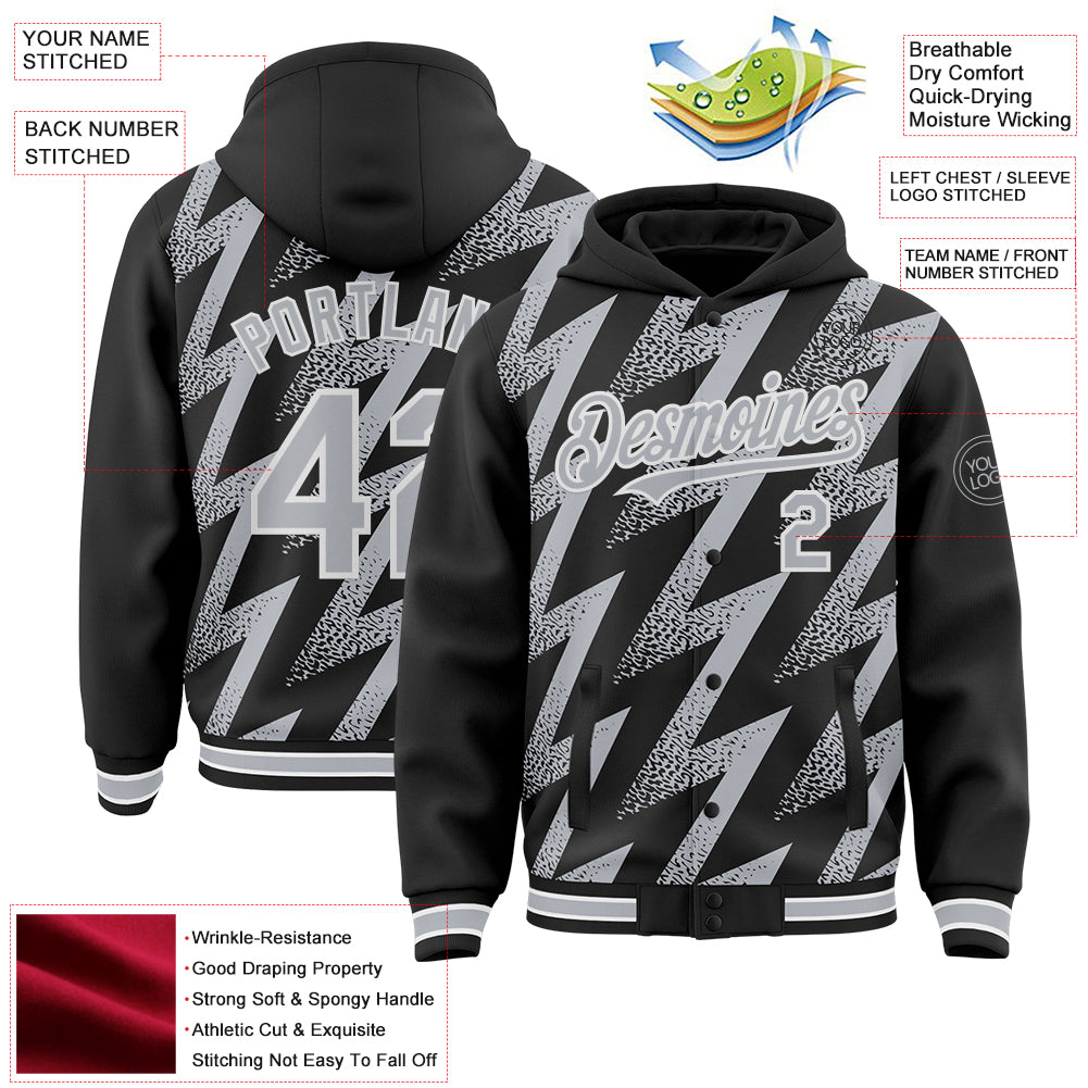 Custom Black Gray-White Zigzag Shape 3D Pattern Design Bomber Full-Snap Varsity Letterman Hoodie Jacket