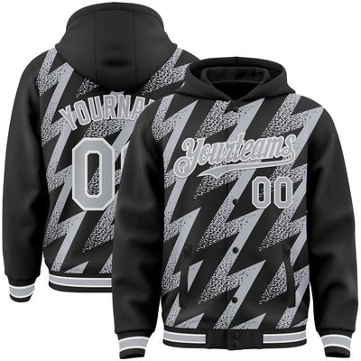 Custom Black Gray-White Zigzag Shape 3D Pattern Design Bomber Full-Snap Varsity Letterman Hoodie Jacket