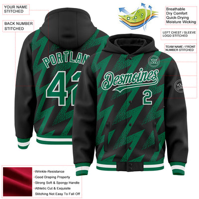 Custom Black Kelly Green-White Zigzag Shape 3D Pattern Design Bomber Full-Snap Varsity Letterman Hoodie Jacket