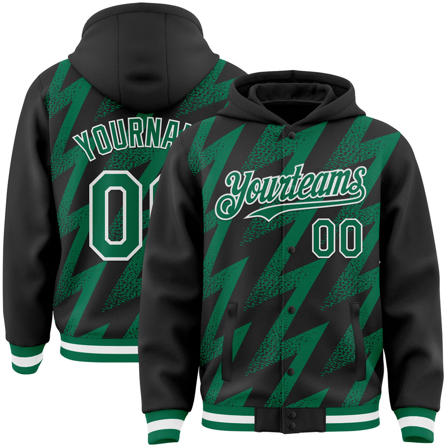 Custom Black Kelly Green-White Zigzag Shape 3D Pattern Design Bomber Full-Snap Varsity Letterman Hoodie Jacket