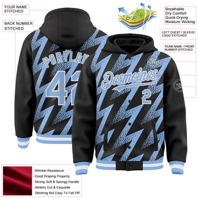 Custom Black Light Blue-White Zigzag Shape 3D Pattern Design Bomber Full-Snap Varsity Letterman Hoodie Jacket