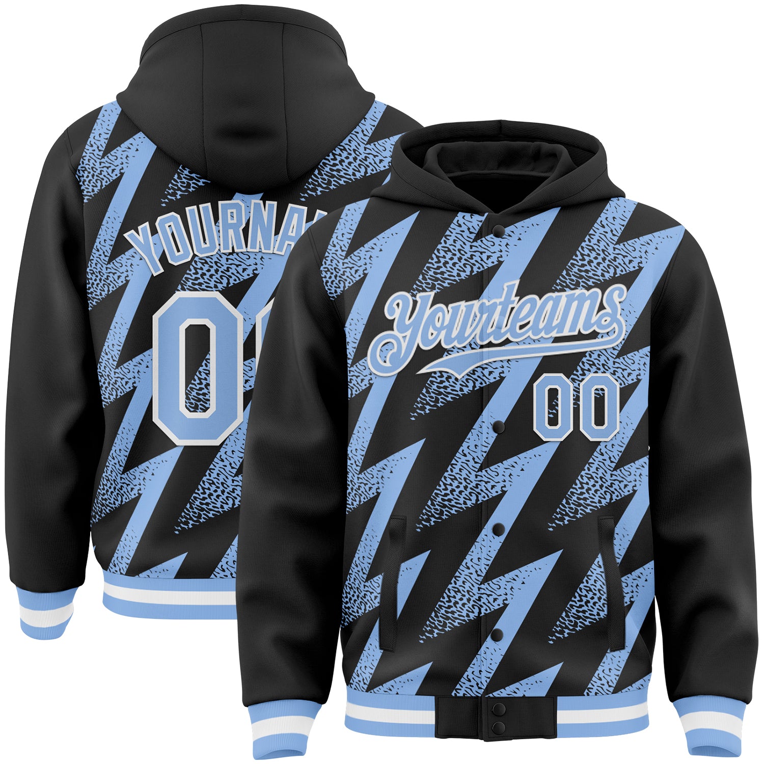 Custom Black Light Blue-White Zigzag Shape 3D Pattern Design Bomber Full-Snap Varsity Letterman Hoodie Jacket