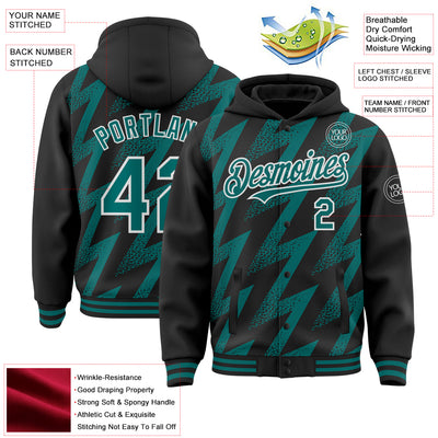 Custom Black Teal-White Zigzag Shape 3D Pattern Design Bomber Full-Snap Varsity Letterman Hoodie Jacket