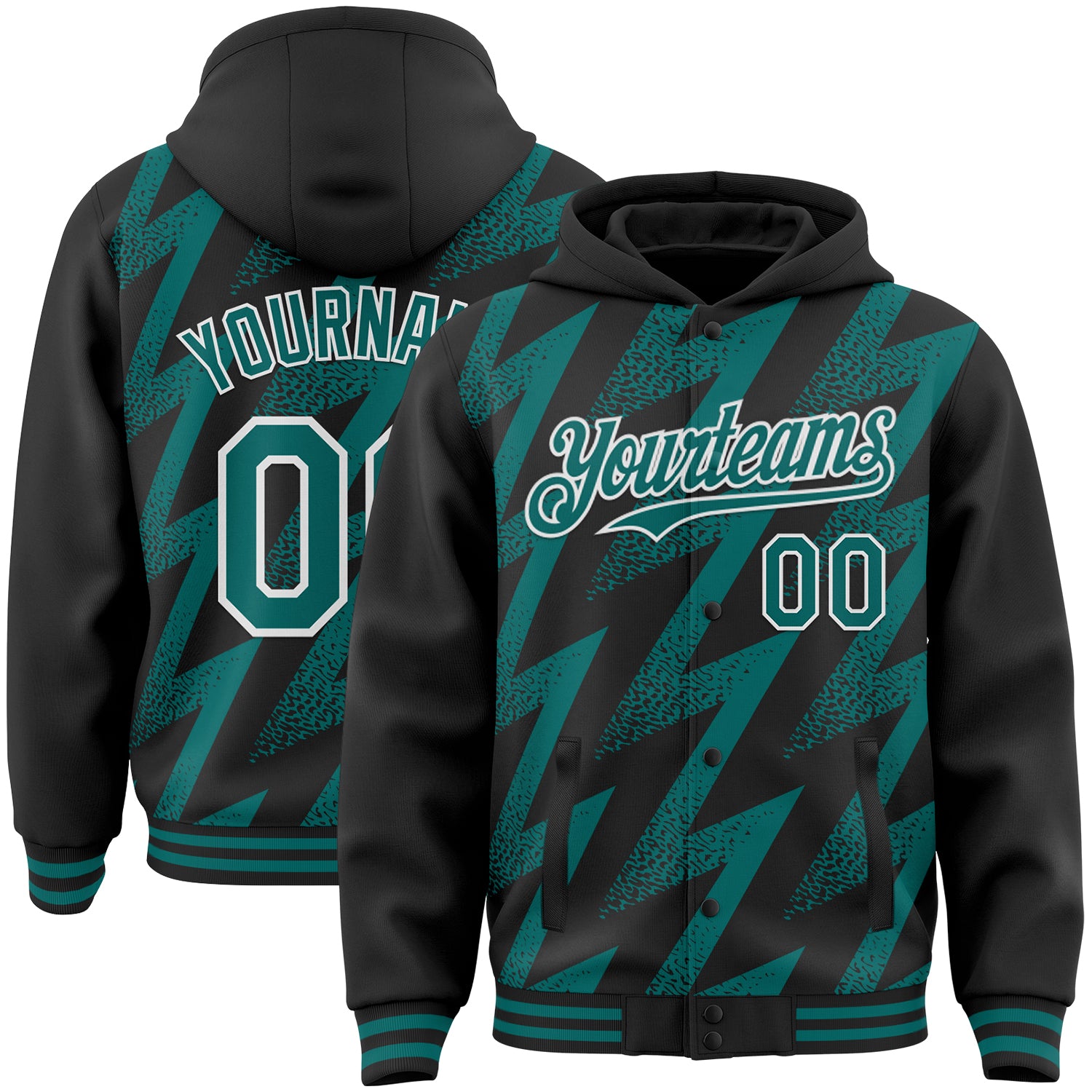 Custom Black Teal-White Zigzag Shape 3D Pattern Design Bomber Full-Snap Varsity Letterman Hoodie Jacket