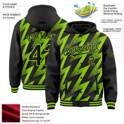 Custom Black Neon Green Zigzag Shape 3D Pattern Design Bomber Full-Snap Varsity Letterman Hoodie Jacket
