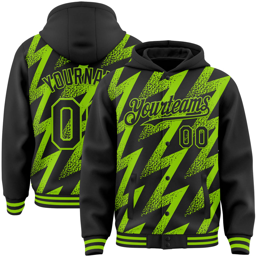 Custom Black Neon Green Zigzag Shape 3D Pattern Design Bomber Full-Snap Varsity Letterman Hoodie Jacket