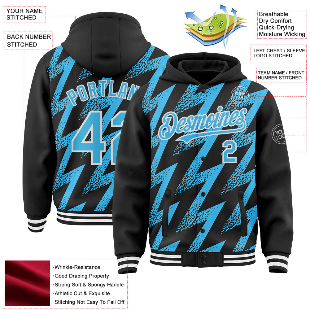 Custom Black Sky Blue-White Zigzag Shape 3D Pattern Design Bomber Full-Snap Varsity Letterman Hoodie Jacket