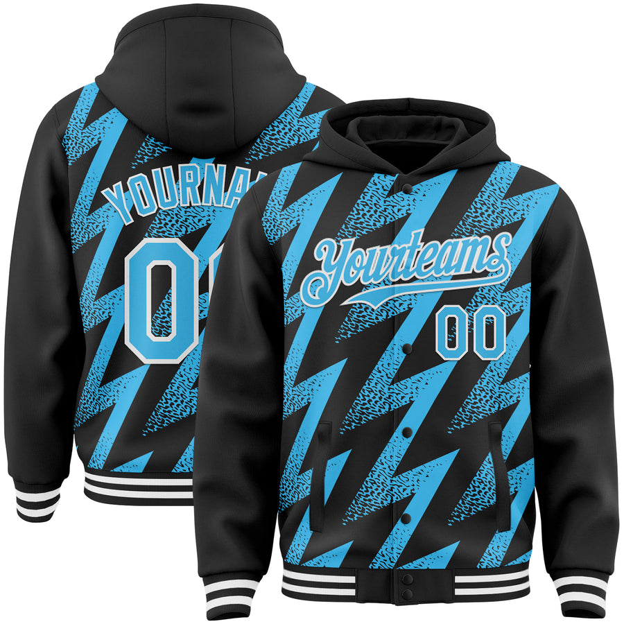 Custom Black Sky Blue-White Zigzag Shape 3D Pattern Design Bomber Full-Snap Varsity Letterman Hoodie Jacket