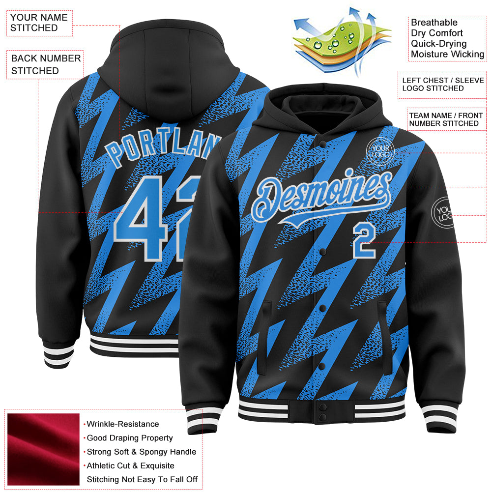 Custom Black Powder Blue-White Zigzag Shape 3D Pattern Design Bomber Full-Snap Varsity Letterman Hoodie Jacket