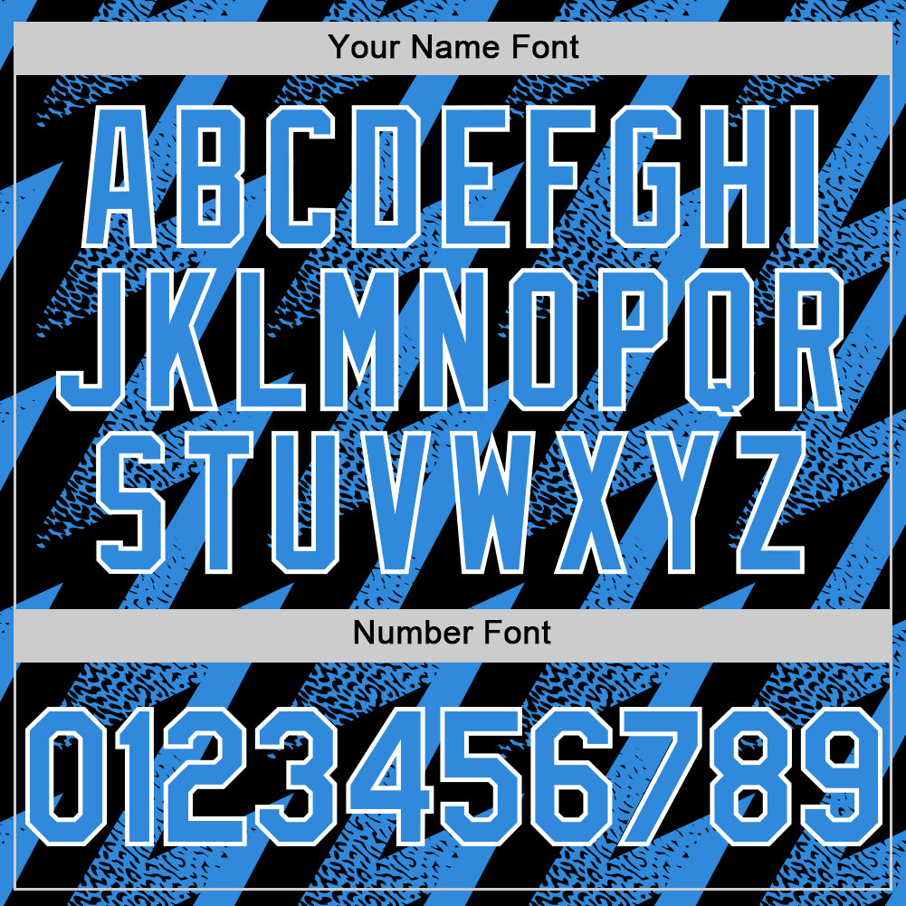 Custom Black Powder Blue-White Zigzag Shape 3D Pattern Design Bomber Full-Snap Varsity Letterman Hoodie Jacket