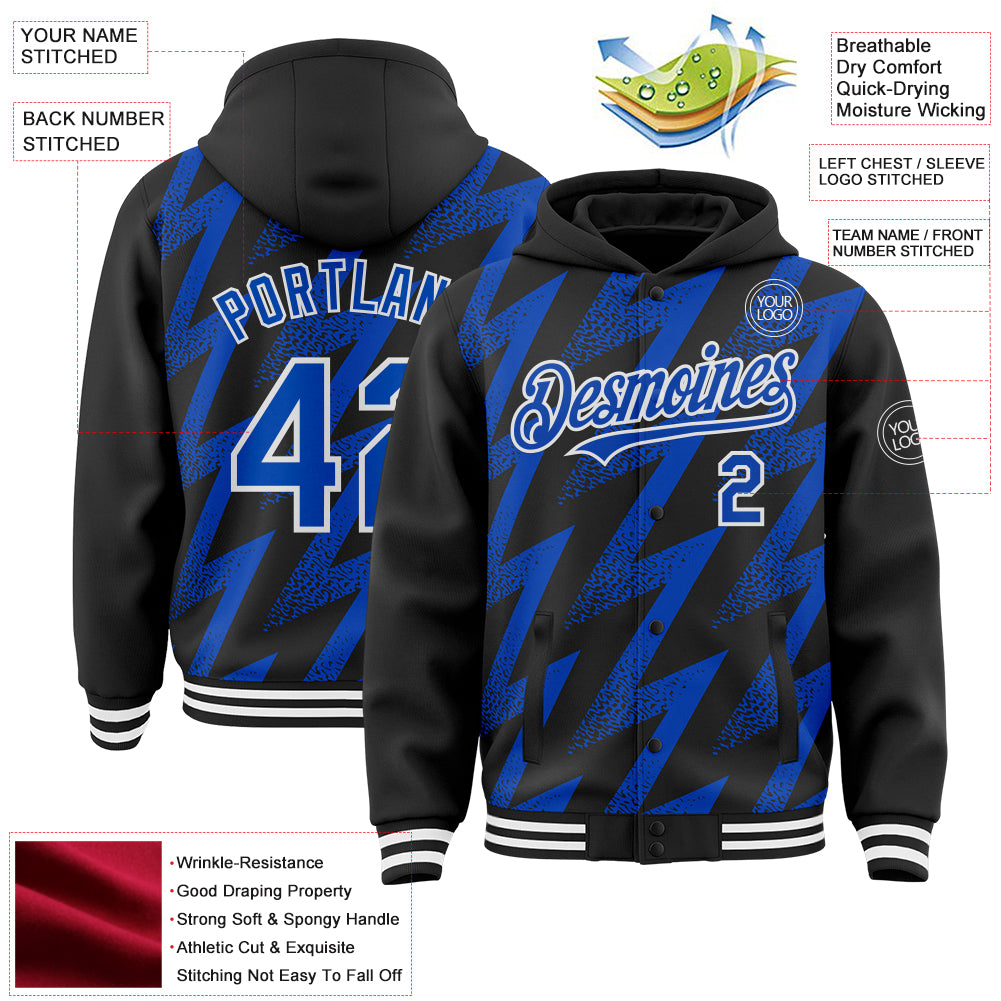 Custom Black Thunder Blue-White Zigzag Shape 3D Pattern Design Bomber Full-Snap Varsity Letterman Hoodie Jacket