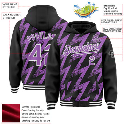 Custom Black Medium Purple-White Zigzag Shape 3D Pattern Design Bomber Full-Snap Varsity Letterman Hoodie Jacket