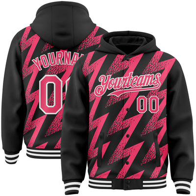 Custom Black Neon Pink-White Zigzag Shape 3D Pattern Design Bomber Full-Snap Varsity Letterman Hoodie Jacket