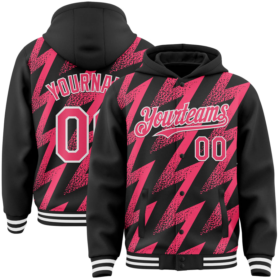 Custom Black Neon Pink-White Zigzag Shape 3D Pattern Design Bomber Full-Snap Varsity Letterman Hoodie Jacket