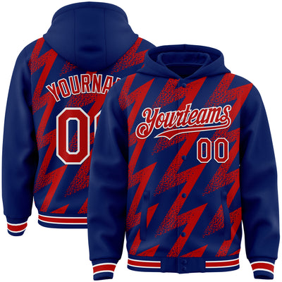 Custom Royal Red-White Zigzag Shape 3D Pattern Design Bomber Full-Snap Varsity Letterman Hoodie Jacket