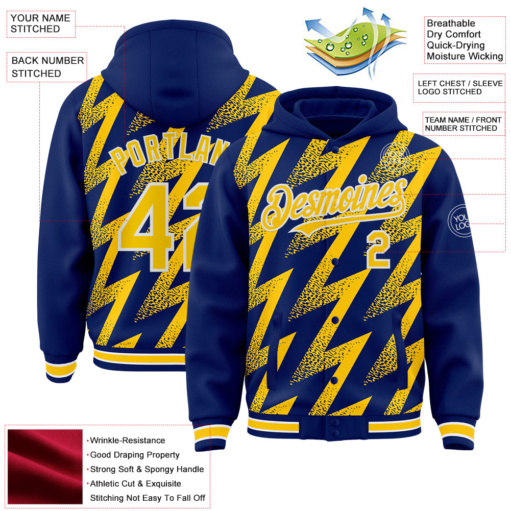 Custom Royal Yellow-White Zigzag Shape 3D Pattern Design Bomber Full-Snap Varsity Letterman Hoodie Jacket