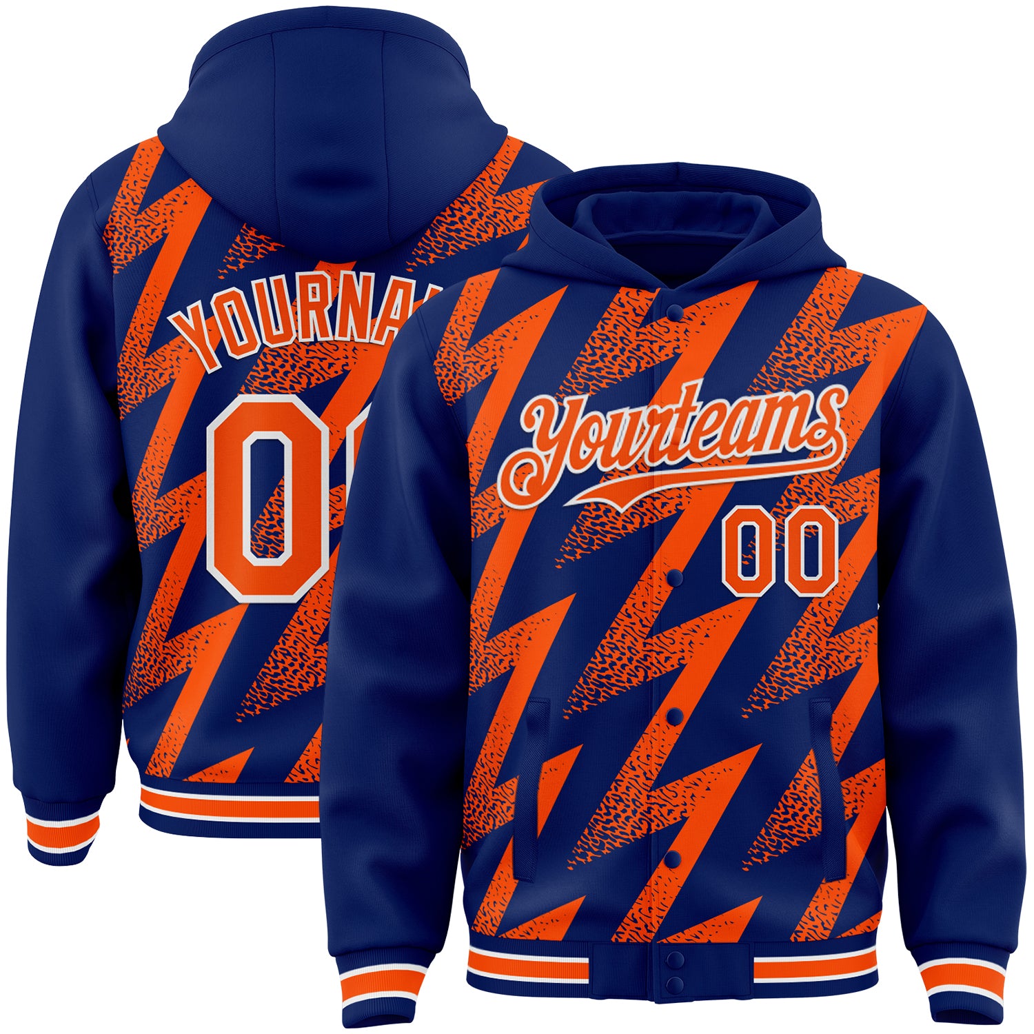 Custom Royal Orange-White Zigzag Shape 3D Pattern Design Bomber Full-Snap Varsity Letterman Hoodie Jacket