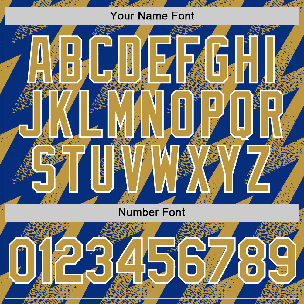 Custom Royal Old Gold-White Zigzag Shape 3D Pattern Design Bomber Full-Snap Varsity Letterman Hoodie Jacket