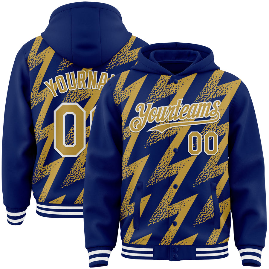 Custom Royal Old Gold-White Zigzag Shape 3D Pattern Design Bomber Full-Snap Varsity Letterman Hoodie Jacket