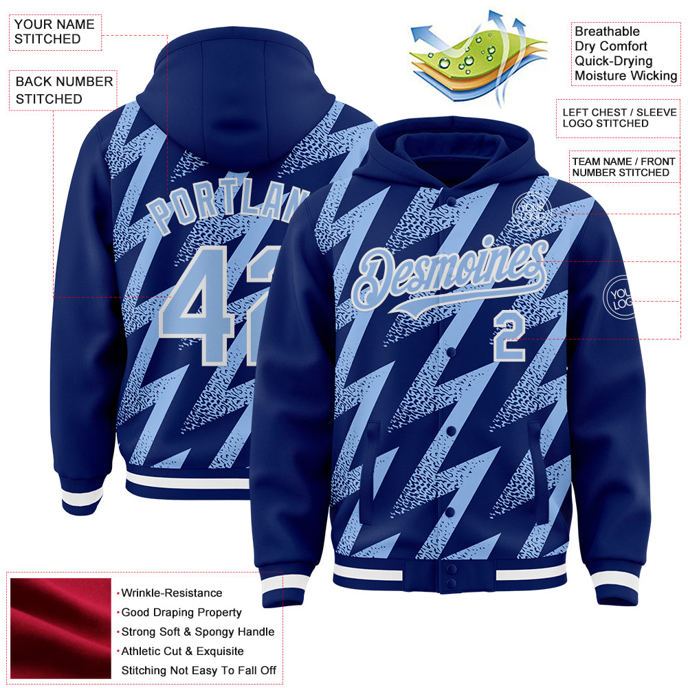 Custom Royal Light Blue-White Zigzag Shape 3D Pattern Design Bomber Full-Snap Varsity Letterman Hoodie Jacket