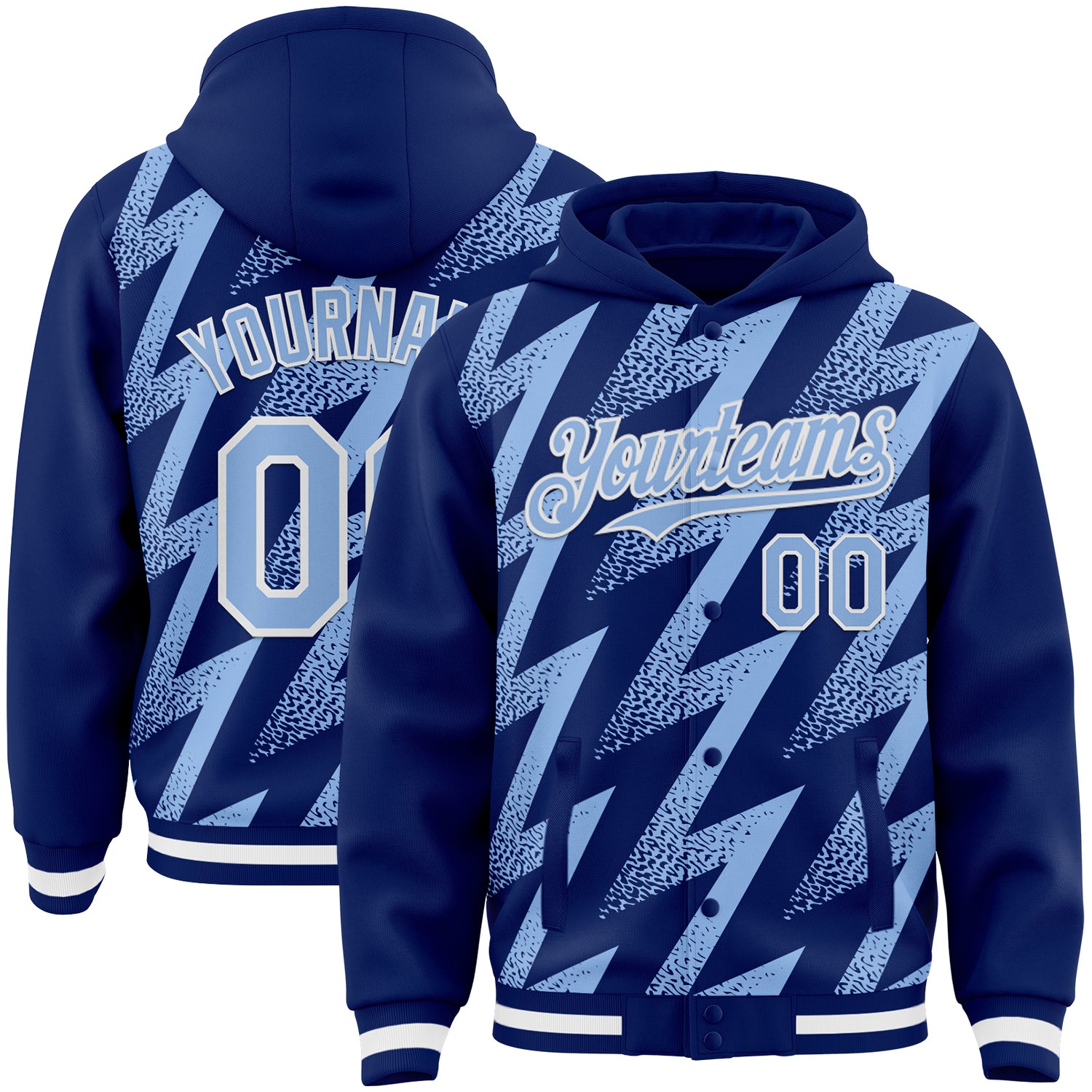 Custom Royal Light Blue-White Zigzag Shape 3D Pattern Design Bomber Full-Snap Varsity Letterman Hoodie Jacket