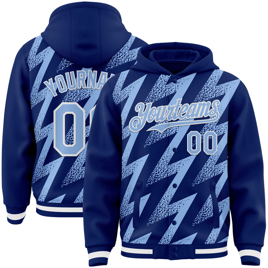 Custom Royal Light Blue-White Zigzag Shape 3D Pattern Design Bomber Full-Snap Varsity Letterman Hoodie Jacket