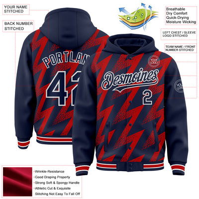 Custom Navy Red-White Zigzag Shape 3D Pattern Design Bomber Full-Snap Varsity Letterman Hoodie Jacket